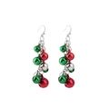 Detail of long Christmas earrings featuring red green and silver alloy bells on white background - Triple Bell Long Dangle