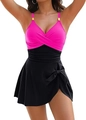 Detail of slimming one-piece swimsuit featuring pink contrast top and black pleated skirt - S / Rose Red & Black