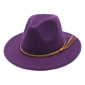 Detail of purple fedora hat with brown braided leather band and decorative tassels - M (56-58cm) / Purple