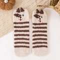 Cute beige dog-themed coral fleece socks with brown stripes and 3D plush embroidery - Brown Striped Dog