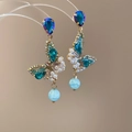 Macro detail of French style butterfly earrings with blue crystals and hanging pearls - 19# Silver Needle-Blue-Butterfly