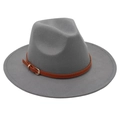 Detail of dark grey wool felt fedora featuring a brown leather decorative belt strap - M (56-58cm) / Light Gray