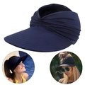 Women's navy blue open top sun visor with stylish pleated knot and wide brim - Navy Blue