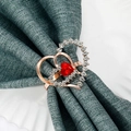 Detail of rose gold double heart napkin ring with red gemstone and crystals on linen - Z1318 (Rose Gold Red Heart Rhinestone)