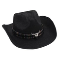 Detailansicht eines schwarzen Cowboyhuts aus Stroh mit Ethno-Band und silbernem Stierkopf - Schwarz