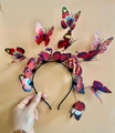 Detail of colorful 3D butterfly headband with realistic floating wings for festivals - Red Butterfly Headband (14 Butterflies)