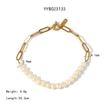 Gold stainless steel chain bracelet with 5.9mm freshwater pearls and S925 tag - Spliced Long Link Pearl Style (YYB023133)