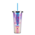 24oz iridescent straw cup with silver lid and blue straw featuring internet design - Flat Lid A/Iridescent Famous