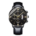 Close-up of Geneva men's quartz watch showing black dial with calendar and sub-dials - Leather Black Case Gold Face