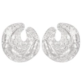 Close-up of silver earrings with irregular C-shape and hammered metal texture - White K (Alloy-6472)
