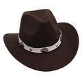 Close-up of dark brown felt cowboy hat featuring white belt with vintage floral rivets - Coffee