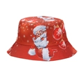 Detail view of red Christmas bucket hat with Santa Claus, snow and festive bauble print - M (56-58cm) / Red Christmas Ball Snowman