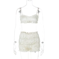 White satin two-piece lounge set with pleated camisole top and ruffled hem shorts - Light Yellow