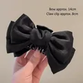 Elegant large black satin cloud-mesh bow hair claw clip with a 14cm wide butterfly design - Black Satin Bow-Claw Clip