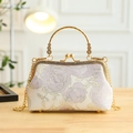 Mini lavender brocade cheongsam handbag with gold floral patterns and chain strap - Embossed Rose / Purple