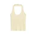 Chic off-white halter neck ribbed knit tank top for women in slim fit style - S / Yellow