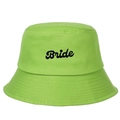 Close-up of black Bride embroidery on a light green cotton bucket hat with clean stitching - Grass Green