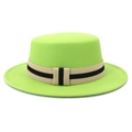Classic bright green flat top wool felt boater hat with a striped grosgrain ribbon trim - One Size 58cm Circumference / Fruit Green