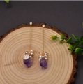 Natural pearl and amethyst drop earrings with elegant long gold chains for women - Amethyst Shell Flower Dangle Earrings