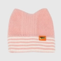 Detail of pink cat ear knit hat featuring a 'sweet' label and fuzzy striped textures - One Size / Pink