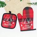 Red and black plaid Christmas oven mitt and pot holder set with Merry Christmas print - H041 Red/Black Plaid Three Trees