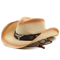 Western gradient straw cowboy hat with a metal bull head ornament and adjustable chin strap - M (56-58cm) / Beige Rust Red