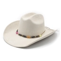 Beige western cowboy hat with bohemian colorful beaded band on a white background - Beige Suede