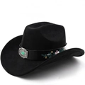 Black western cowboy hat with ethnic embroidery and turquoise stone buckle detail - M(56-58cm) / Black