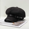Berretto newsboy nero in lana con cinturino in pelle e fibbia in metallo argentato - Taglia unica / Nero