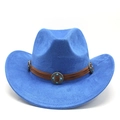 Close-up of blue suede cowboy hat featuring brown leather band and turquoise metal studs - M(56-59CM) / Sapphire Blue