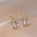 Gold butterfly earrings with micro-pave crystals and dangling teardrop gems - Clear Teardrop Butterfly Style (E0506)