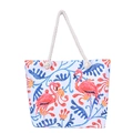 White canvas tote bag featuring pink flamingo floral patterns and thick rope handles - White Colorful Floral Flamingo