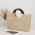 Minimalistische strandtas van maïsstro met houten handvat in natuurlijk crèmewit - Maïskolf Stijl / Originele Kleur