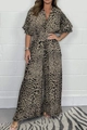 Fashion leopard print wide-leg jumpsuit with puff sleeves and V-neck for women - S / Top And Bottom / Camel