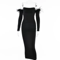 Elegant black off-shoulder long sleeve dress with feather trim and slim fit silhouette - S / Black