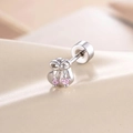Sweet silver money bag stud earring with pink gemstones and bow detail on a beige background - Heart Bowknot (A657) / Single Piece