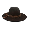 Dark brown wide-brim cowboy hat with leather cord decorative band and small feather - Deep Coffee Feather