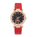 Women's quartz watch with red leather strap, rose gold starry sky dial and heart pattern - Red