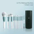 12-piece mint green and marble makeup brush set with black leather cylinder case - 12 Brushes + Green Tube / Blue