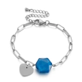 Bracelet ajustable en acier inoxydable avec perle bleue hexagonale et pendentif cœur - Perle Hexagonale Bleue Argentée (KB145362-Z)
