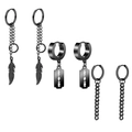 3-pair black stainless steel punk earring set with feather, razor, and chain dangles - Set 24 (Black - Feather Chain/Razor Blade/Long Chain)