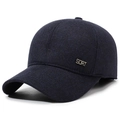 Dark blue men's winter wool baseball cap with ear protection and silver SORT metal tag - Adjustable / Navy Blue
