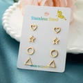 4-pair set of minimalist gold stainless steel geometric stud earrings on display card - Geometric Combination Set / Gold