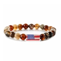Detailed macro shot of brown beaded bracelet featuring a rectangular American flag charm - Brown Striped Agate Long