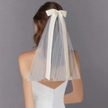 Elegant bridal hair clip featuring a white tulle mesh veil and cream satin bow - Style 1 White
