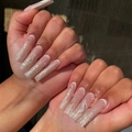 Lange ballerina kunstnagels in nude roze met vlinderpatronen en glanzende glitter - Lijm Type / Nude Roze Vlinderstijl (SGCY-91)