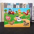 Educational farm animal wooden peg puzzle with tractor and colorful illustrations - A-502 Farm Animals Recognition