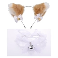 Brown plush cat ears headband and white lace collar set with bells and bows - Brown/White Cat Ears + White Lace Choker