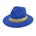 Detailed macro view of royal blue wool fedora hat with gold glitter ribbon decoration - Sapphire Blue
