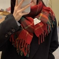 Thick warm checkered scarf in red with green and yellow plaid patterns and fringe - Christmas Red